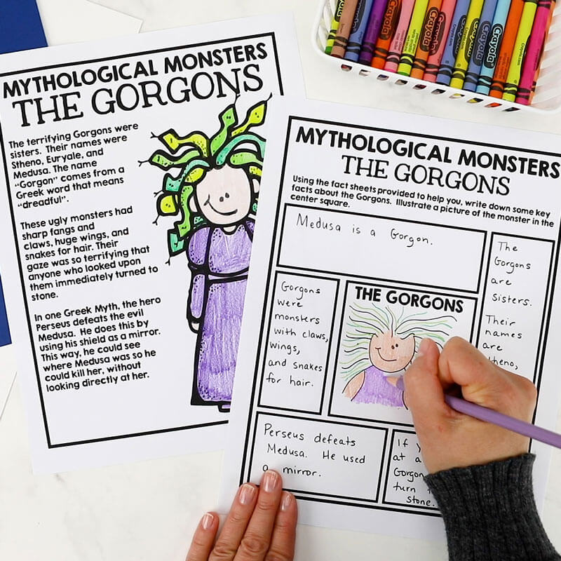 A creative worksheet exploring mythical monsters and the gorgons for classroom use.