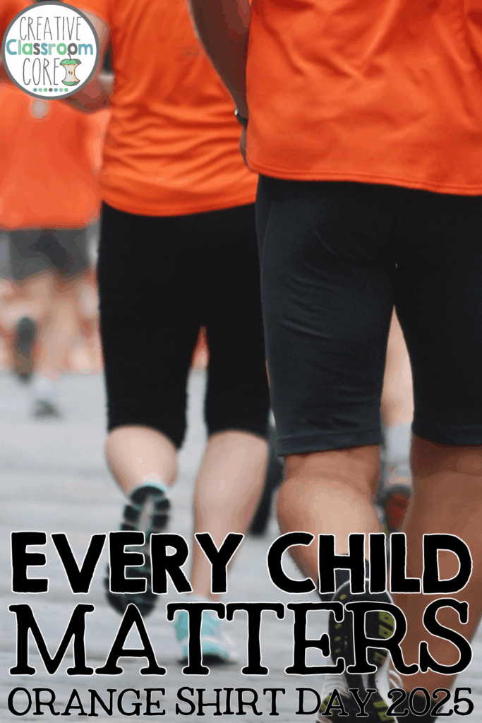 People wearing orange shirts and black shorts are walking; text on the image reads "Every Child Matters - Orange Shirt Day 2025." Perfect for creating impactful Orange Shirt Day Posters.