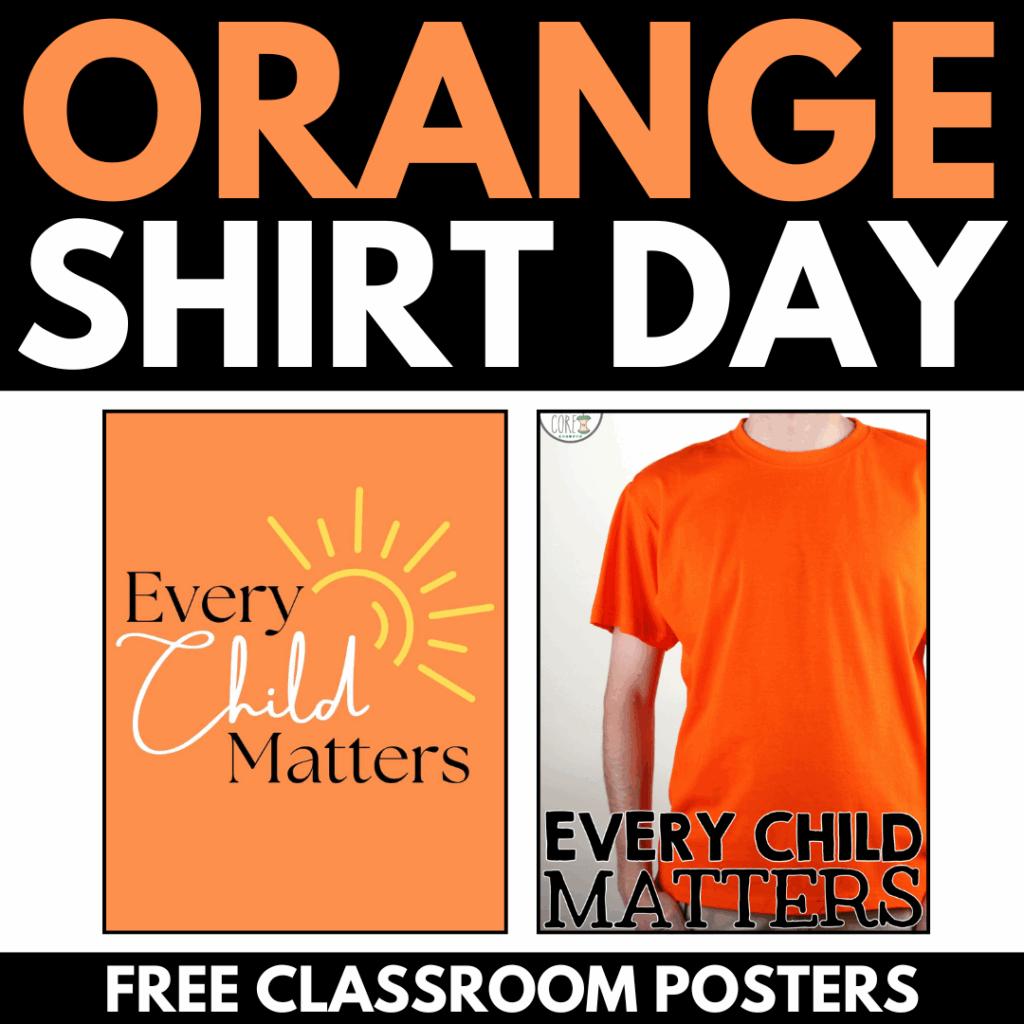 Graphic for Orange Shirt Day with text "Every Child Matters," featuring a person in an orange shirt and promoting free Orange Shirt Day Posters for classrooms.