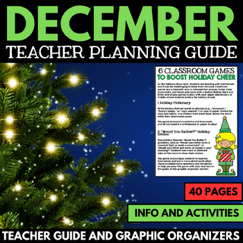 Cover of a "December Teacher Planning Guide" with holiday lights on a tree and an insert showcasing classroom games. Includes Christmas Read Alouds alongside 40 pages of teacher guides, info, and activities.