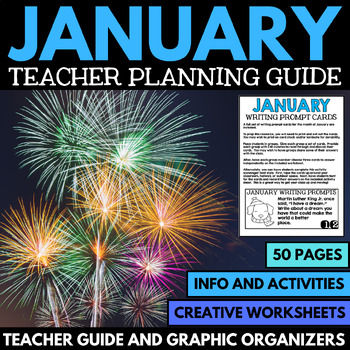 Colorful fireworks illuminate the cover image of a January Teacher Planning Guide, featuring 50 pages brimming with creative worksheets, activities, and teaching ideas for January.