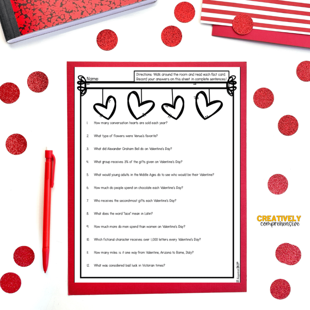 Upper Elementary Valentine's Day worksheet featuring red hearts and confetti.