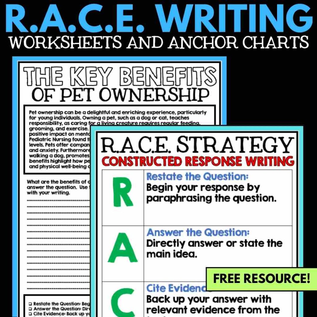 ELA worksheets incorporating the R.A.C.E strategy and informative charts on the benefits of pet ownership.