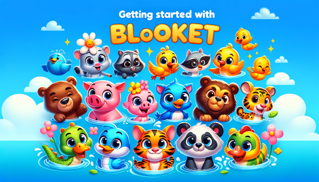 A vivid blue background featuring a cheerful group of animals playfully posing, accompanied by the word 'blocket' in bold font.