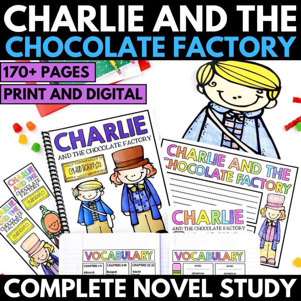 A group of books featuring Charlie and the Chocolate Factory novel study and a drawing of a boy.