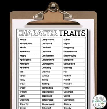 A clipboard displaying various character traits.