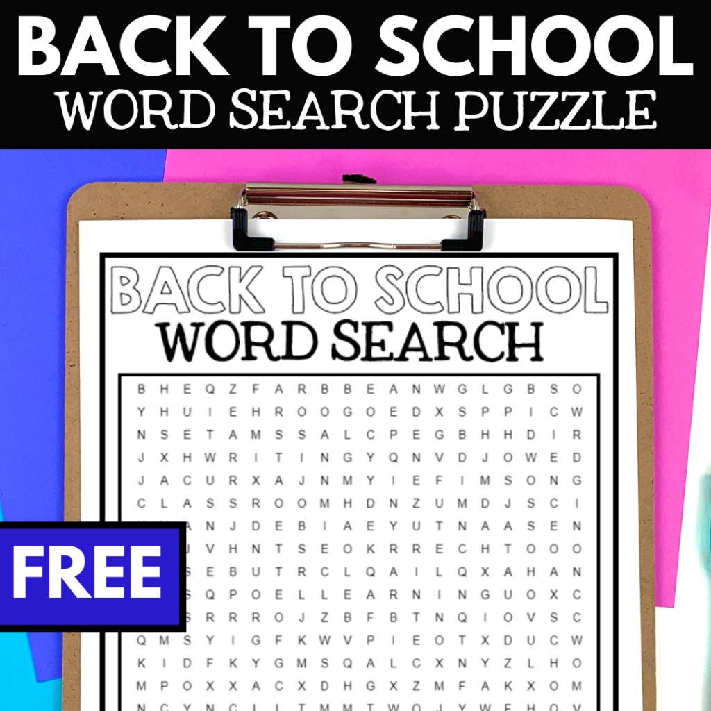 Back to school themed word search puzzle on a clipboard with the word "free" at the bottom, perfect for First Week of School Activities.
