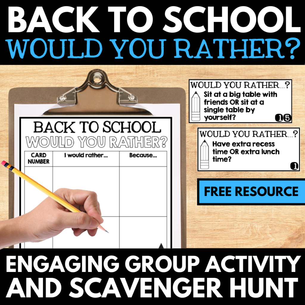Promotional graphic for a first week of school activity featuring engaging group exercises and scavenger hunt resources.