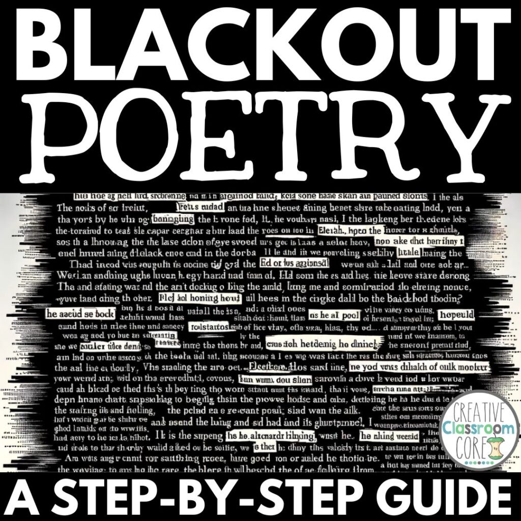 A black and white image illustrating an example of blackout poetry, a captivating Poetry Activity designed to engage learners by redacting text from a book page with a marker to leave behind selected words that form a poem