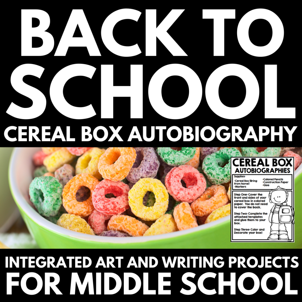 Colorful cereal in a bowl with 'back to school - cereal box autobiography' text overlay for an integrated art and writing project concept, perfect for First Week of School activities.
