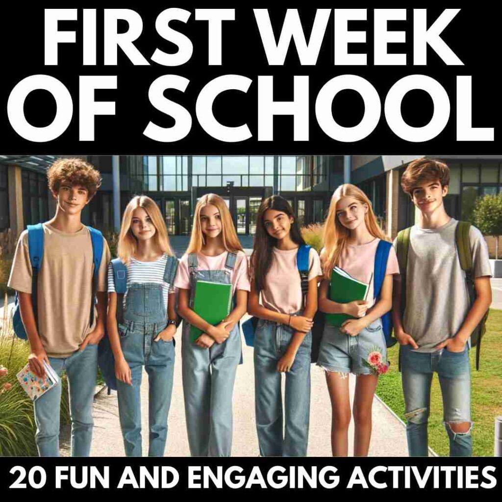 Group of students ready for their First Week of School, with a guide to 20 engaging activities.