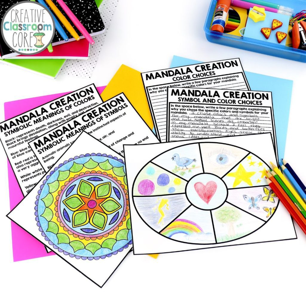 School activities coloring activity with mandala designs and instructions, along with art supplies.