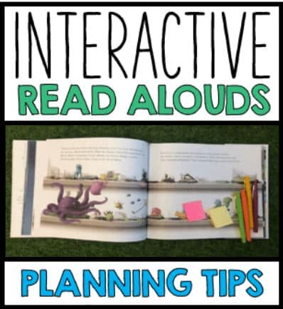Children's book open for Interactive Read Alouds session with planning tips and supplies.