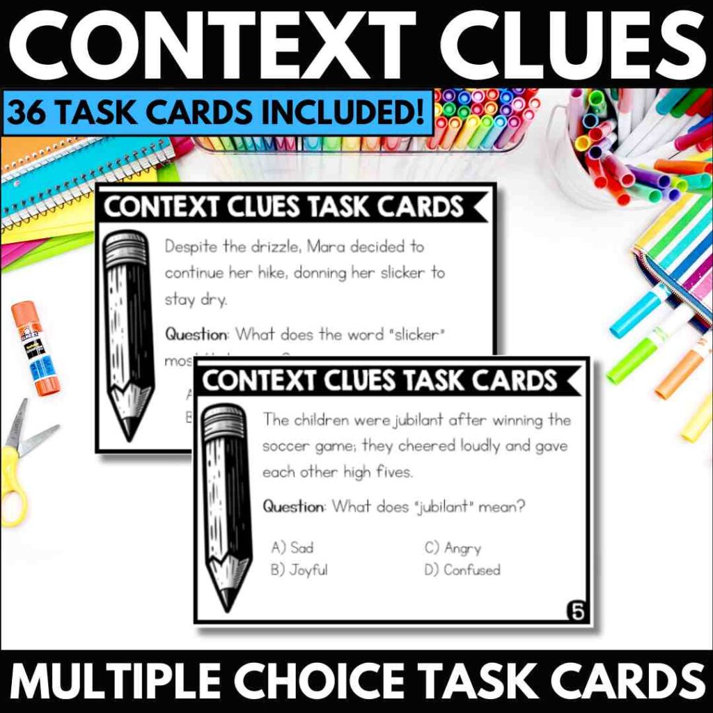 Educational poster for teaching context clues featuring 36 task cards, pencils, and markers, designed to enhance vocabulary skills through multiple-choice questions.