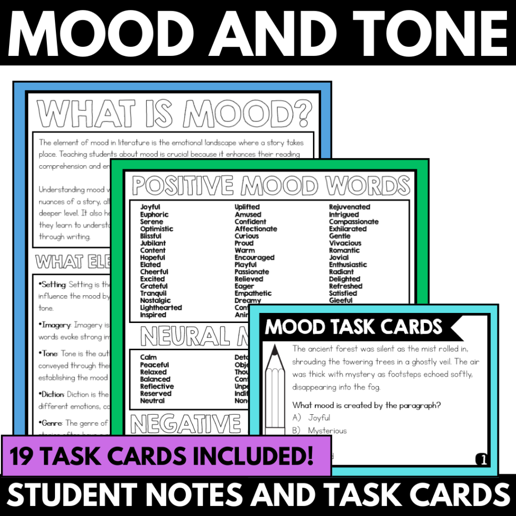 Educational materials focusing on mood, including Mood Word Examples with positive and negative adjective lists and mood-enhancing task cards.