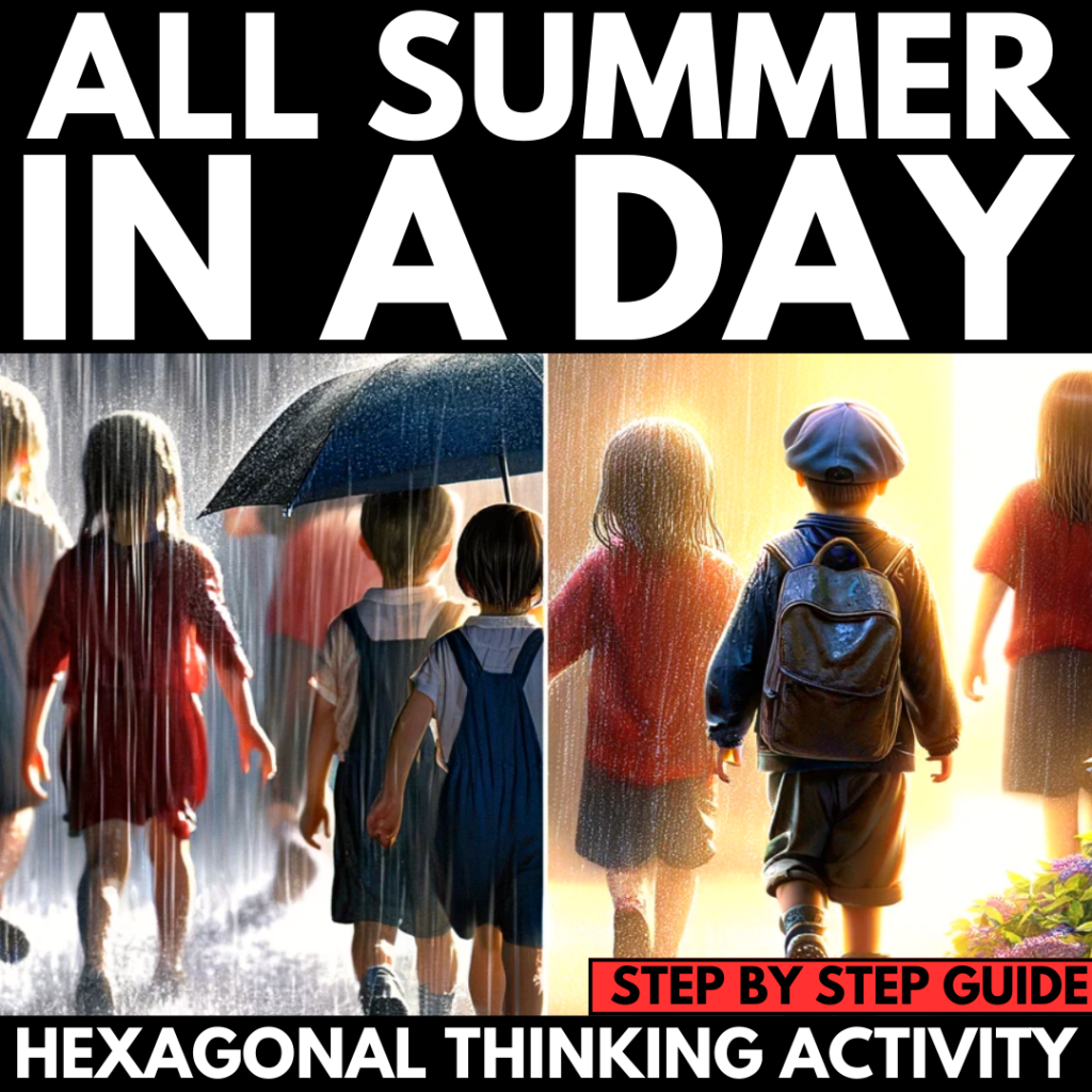 Group of children facing away, some holding umbrellas, standing in sunlight during rain shower, with text "Introduction to Hexagonal Thinking" and "step by step guide hexagonal thinking activity.