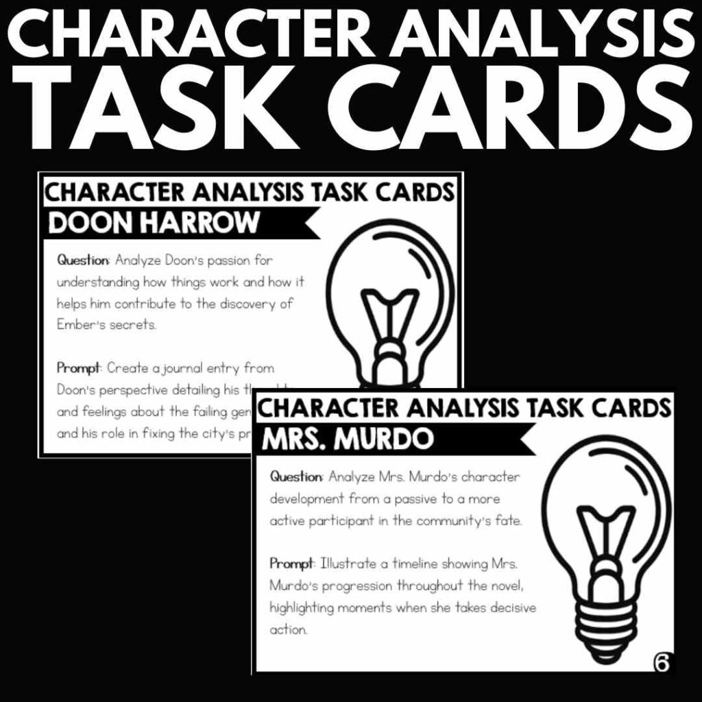 Graphic of "Character Analysis Task Cards" with light bulb icons, text about analyzing literary characters, and page number '6' at the bottom.
