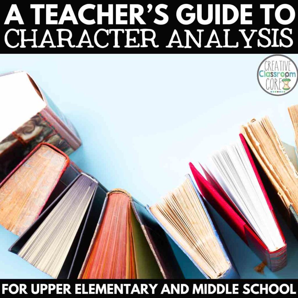 Text "a teacher's guide to character analysis task cards" above a circle of books, aimed at upper elementary and middle school, with a creative classroom core logo.