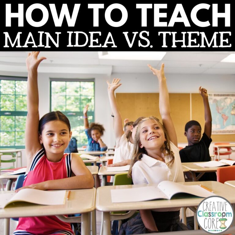 Diverse group of elementary students enthusiastically raising hands in a classroom, with a text overlay about comparing main idea vs. theme.