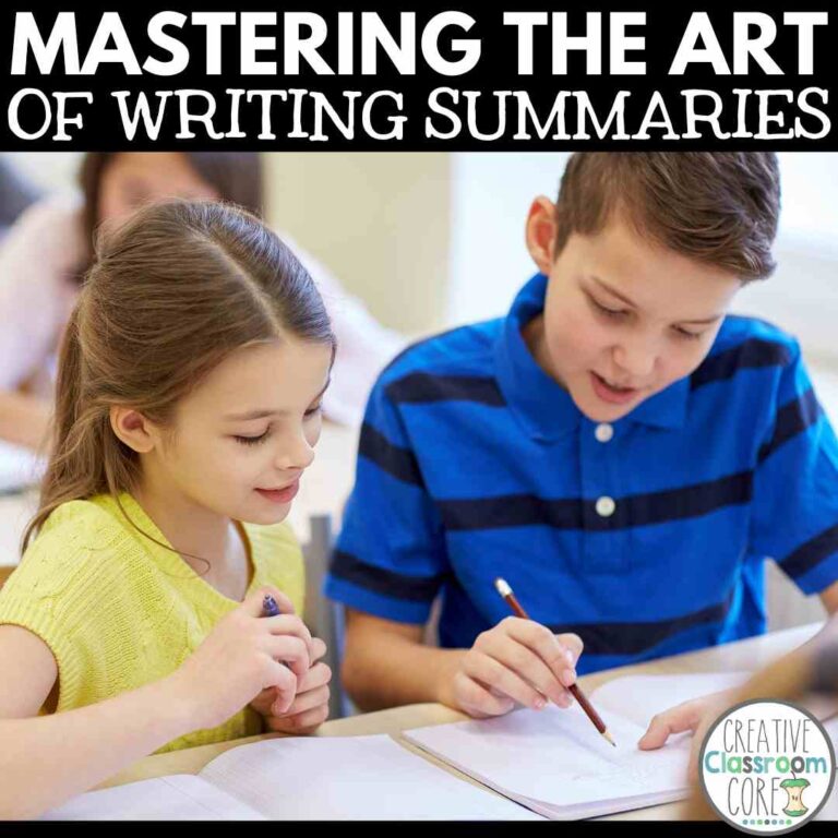 A young girl and boy focused on writing summaries in notebooks in a classroom setting, with text "mastering the art of writing summaries" above them.