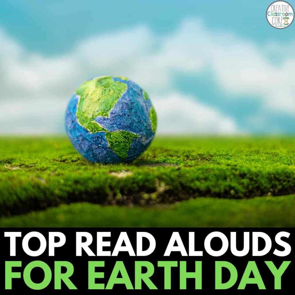 A small, handmade globe model sits on grass under a blue sky, with the text "top read alouds for Earth Day" above it, focusing on environmental education.