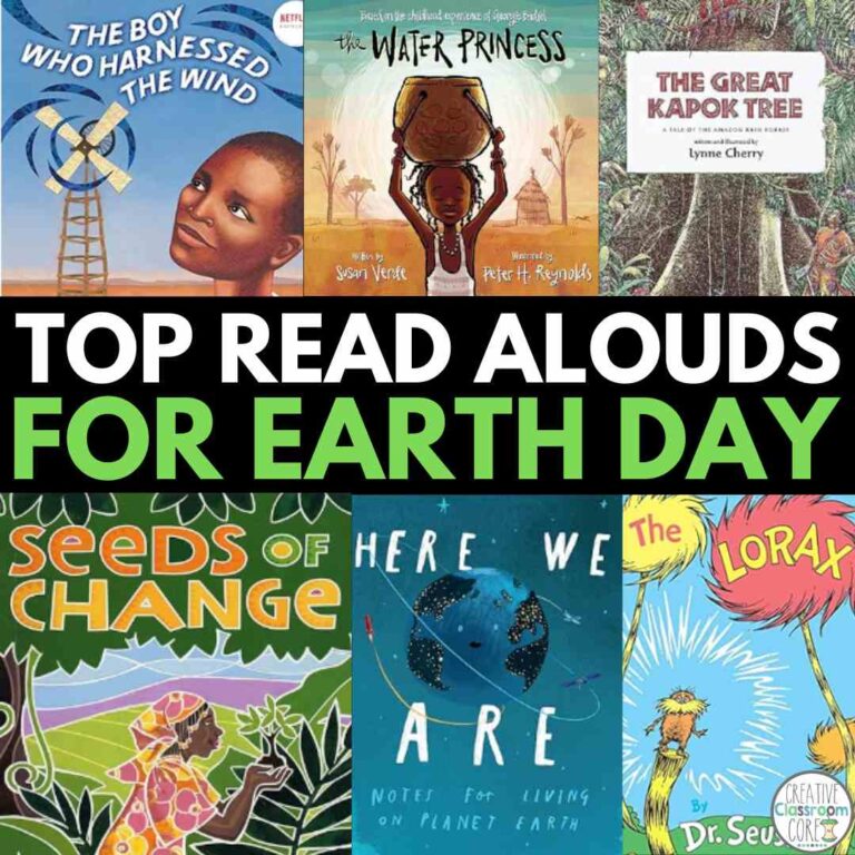 Collage of six children's book covers recommended for Earth Day read-alouds, including titles like "The Lorax" by Dr. Seuss.