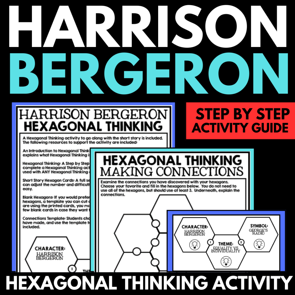 Promotional graphic for "Harrison Bergeron Introduction to Hexagonal Thinking Activity," featuring text, hexagons with thematic connections, and a step-by-step guide layout.