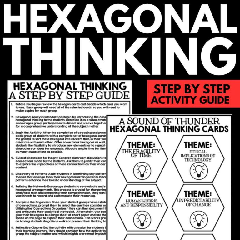 Graphic promoting "introduction to hexagonal thinking" materials: a title page, a step-by-step guide, activity guide, and sample hexagonal thinking cards with themes on humanities and technology.