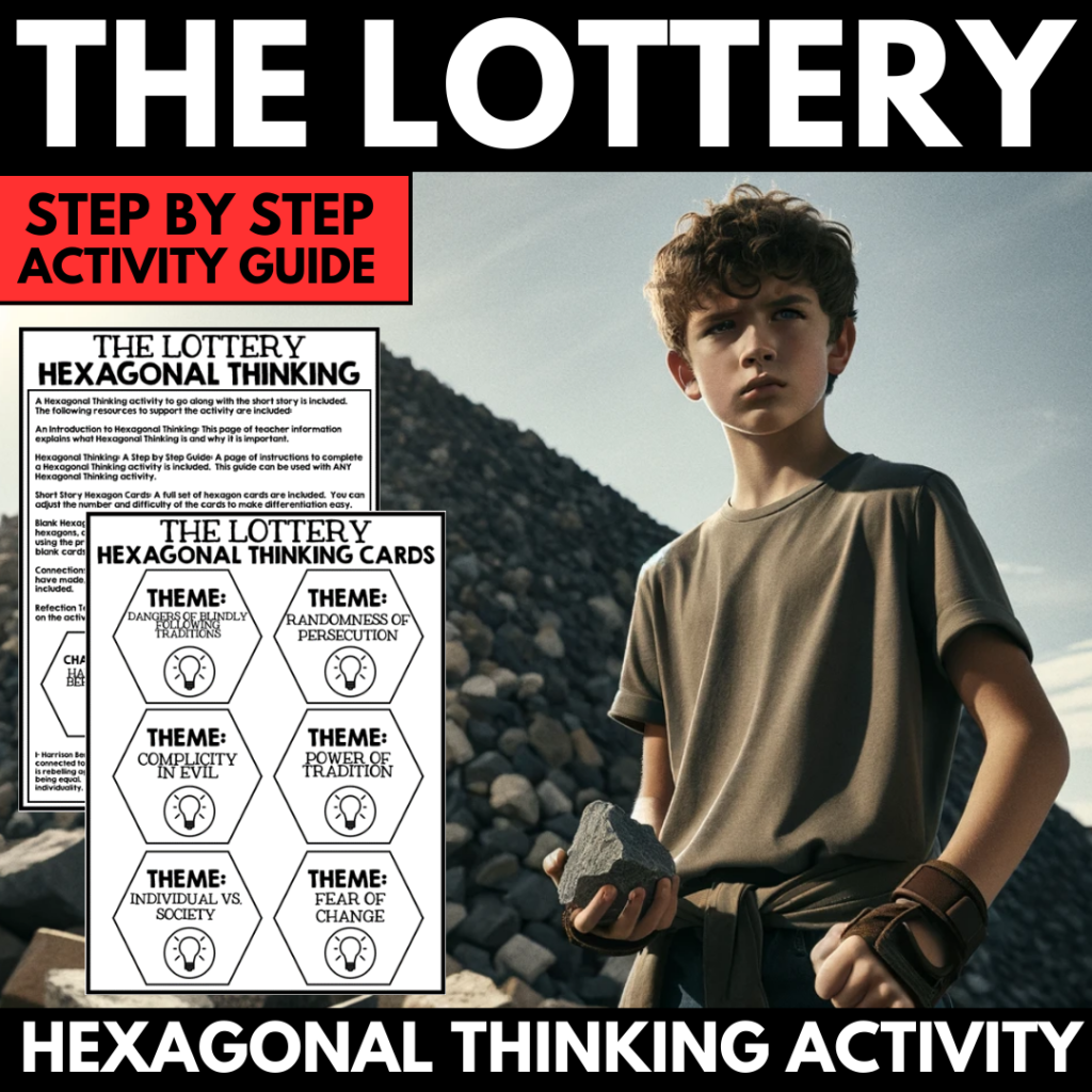 Poster featuring a young boy holding a rock, with text and graphics for "the lottery" activity guide on introduction to hexagonal thinking themes.