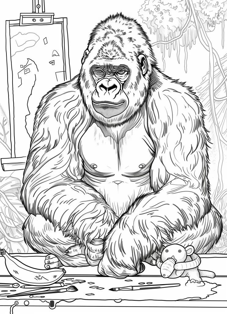 A detailed black and white illustration of Ivan, the seated gorilla with a thoughtful expression, holding a small stuffed toy, surrounded by art supplies and sketches.