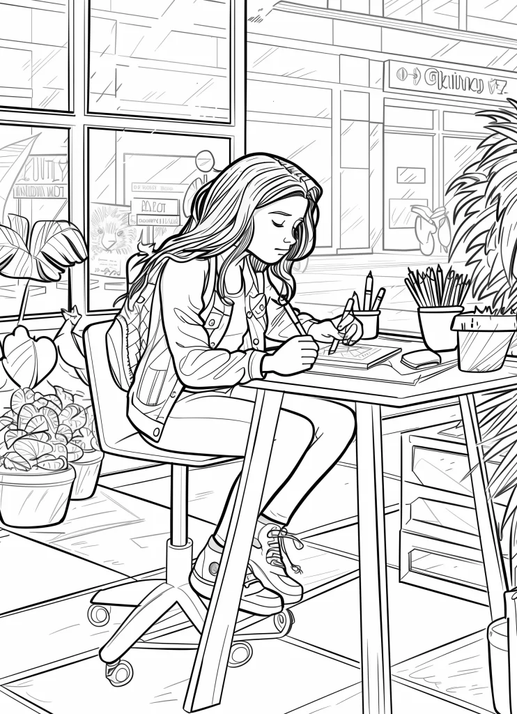 A line drawing of a young woman sitting at a high table by a window, coloring in a notebook, surrounded by plants and pencils.