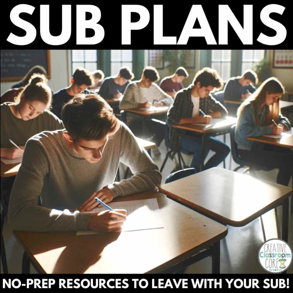 Students focused on writing in a sunlit classroom with text overlay mentioning "creating sub plans" for substitute teachers.