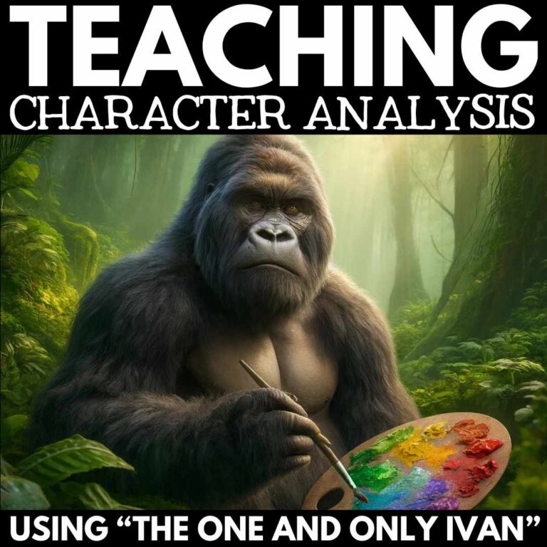 A gorilla holding a paintbrush and palette, with the text "teaching The One and Only Ivan characters using ‘the one and only ivan’" superimposed on a forest background.