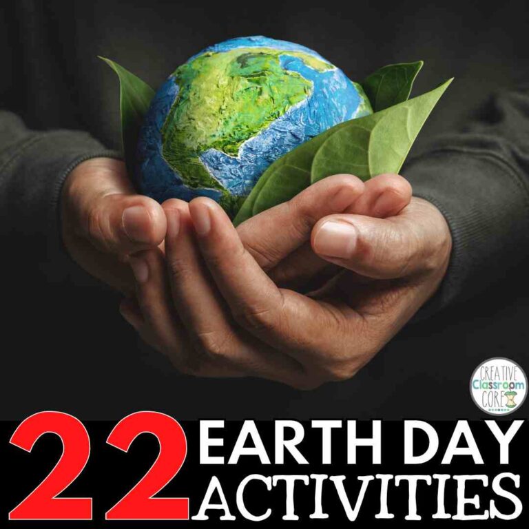 Hands cradling a model of earth nestled in green leaves, with text "22 Engaging Earth Day activities for Upper Elementary" against a dark background.