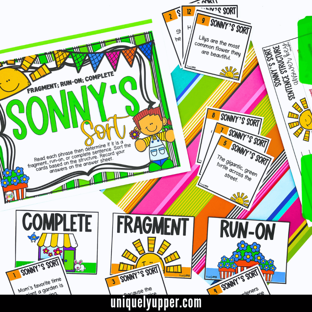 Colorful educational flashcards focused on grammar and sentence structure concepts for Upper Elementary activities.