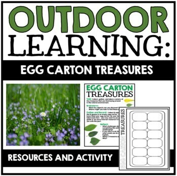 Engaging promotional image for an outdoor learning activity titled "Egg Carton Treasures," designed for Upper Elementary students, featuring resources and activity sheets surrounded by greenery and flowers.