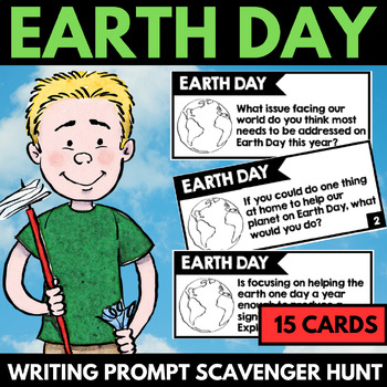 A cartoon image of an upper elementary boy holding a gardening shovel for Earth Day, featuring engaging educational prompt cards scattered around him.