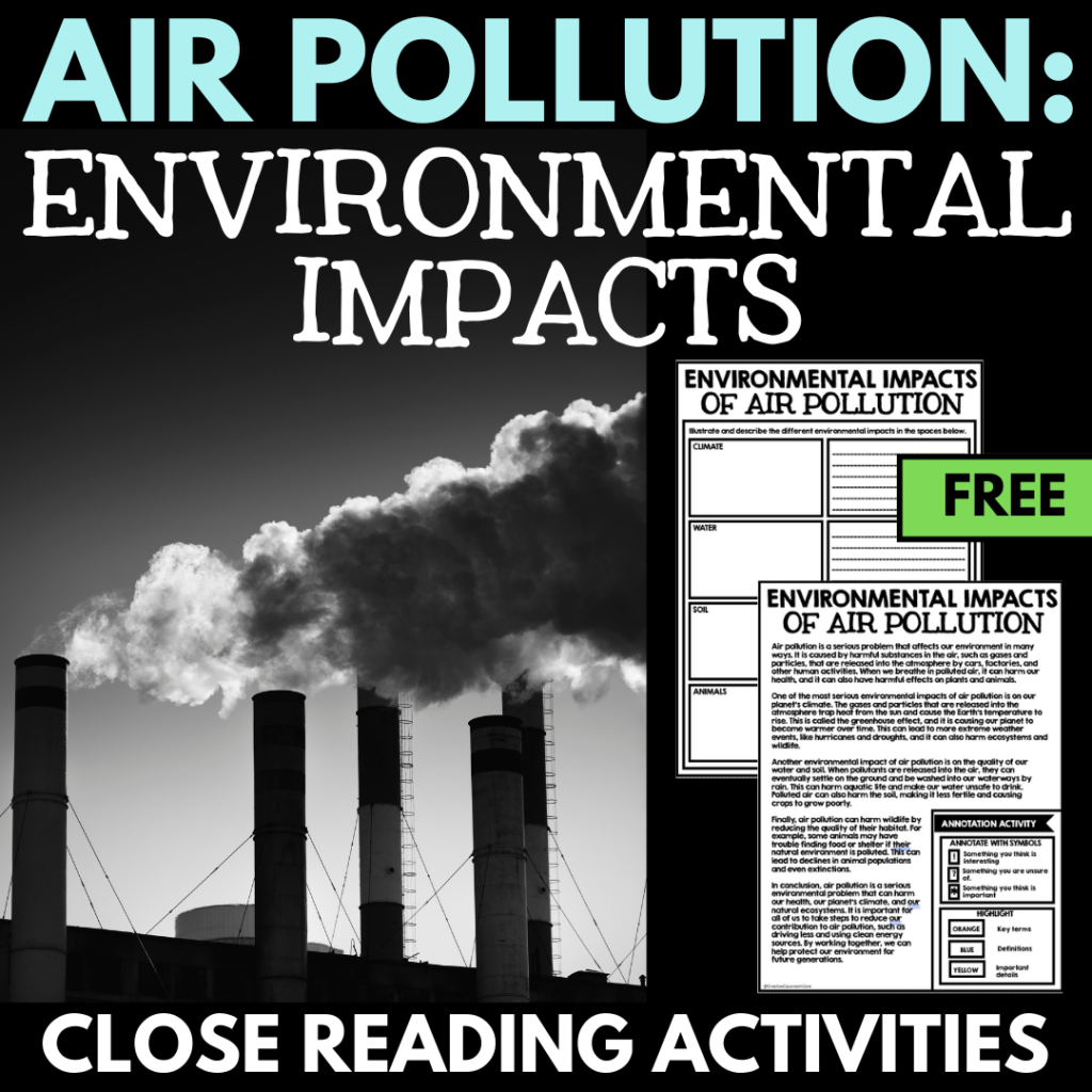 Educational poster titled "Air Pollution: Environmental Impacts," designed for Upper Elementary students, features an image of smokestacks emitting smoke, with overlays for close reading activities.