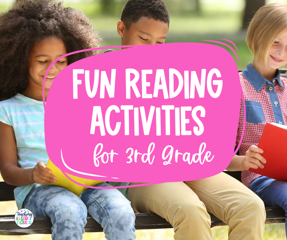 Three children sitting together with a book, with the text "fun Spring Activities for 3rd grade" overlaying the image.
