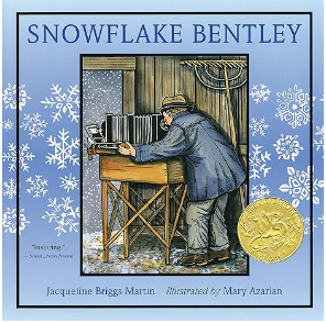 Illustration of a man photographing snowflakes with a vintage camera during outdoor lessons, from the book "Snowflake Bentley.