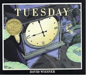 Cover of the book "Tuesday" by David Wiesner, ideal for teaching context clues, featuring a floating clock and frogs on lily pads.