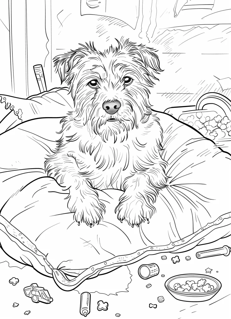 A line drawing of a scruffy dog sitting on a pillow, surrounded by toys and a bowl of dog food, featured in Ivan coloring pages, in a cozy indoor setting.