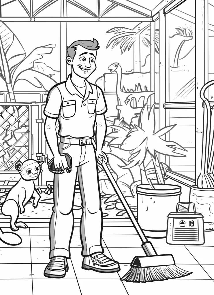 A zookeeper standing with a broom next to a monkey and a bucket, inside a greenhouse with various plants and an Ivan coloring page.