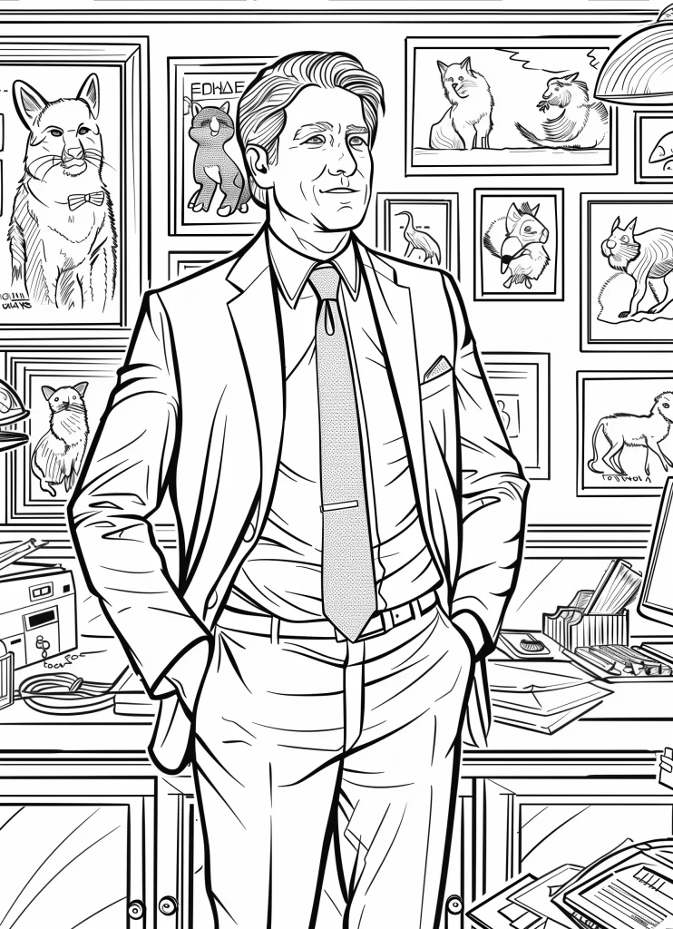 A line drawing of a man in a suit standing confidently in an office filled with framed pictures of cats on the walls, inspired by "One and Only Ivan" coloring pages.