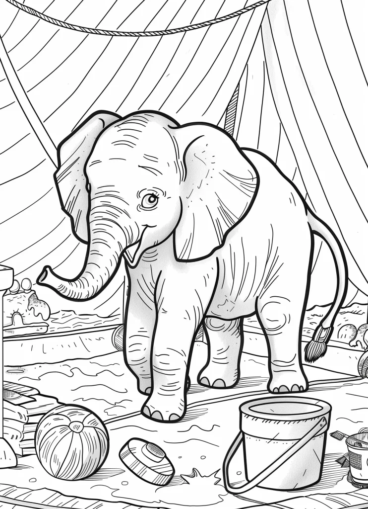 Black and white illustration of a young elephant inside a circus tent, inspired by "The One and Only Ivan," surrounded by balls and a drum.