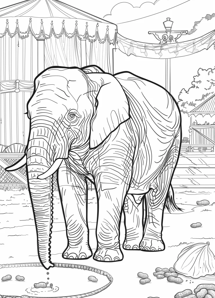 Ivan coloring page depicting an elephant in a circus setting with tents, a ring, and scattered peanuts.