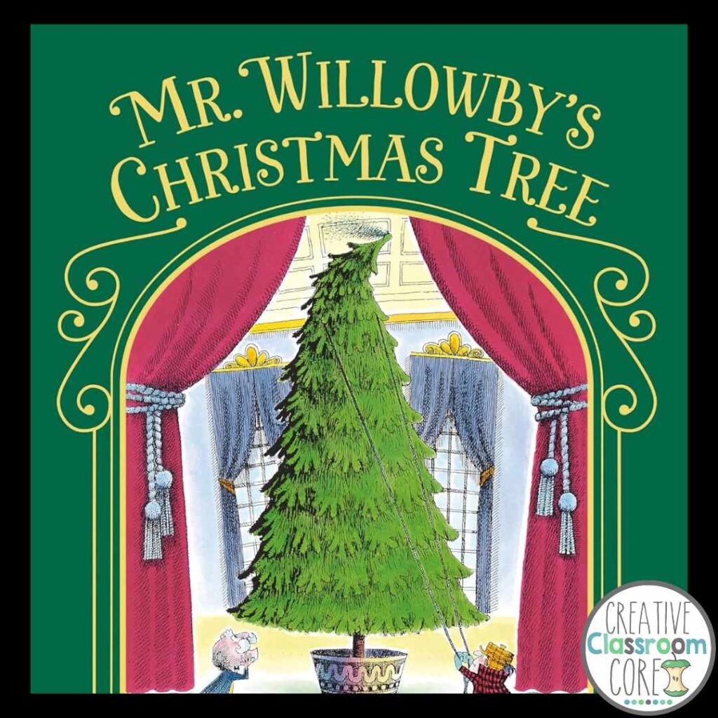 Book cover of "Mr. Willowby's Christmas Tree," a delightful December read aloud, showcasing a tall Christmas tree inside a room with red curtains, where two people are adjusting it.