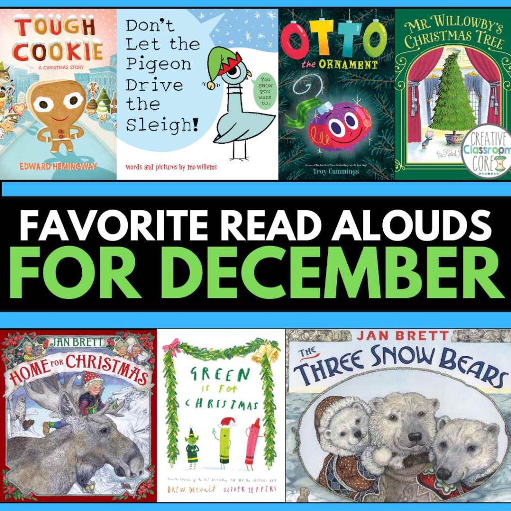 Collage of eight holiday-themed children's book covers, featuring titles like "Tough Cookie" and "The Three Snow Bears," with the text "Favorite December Read Alouds.