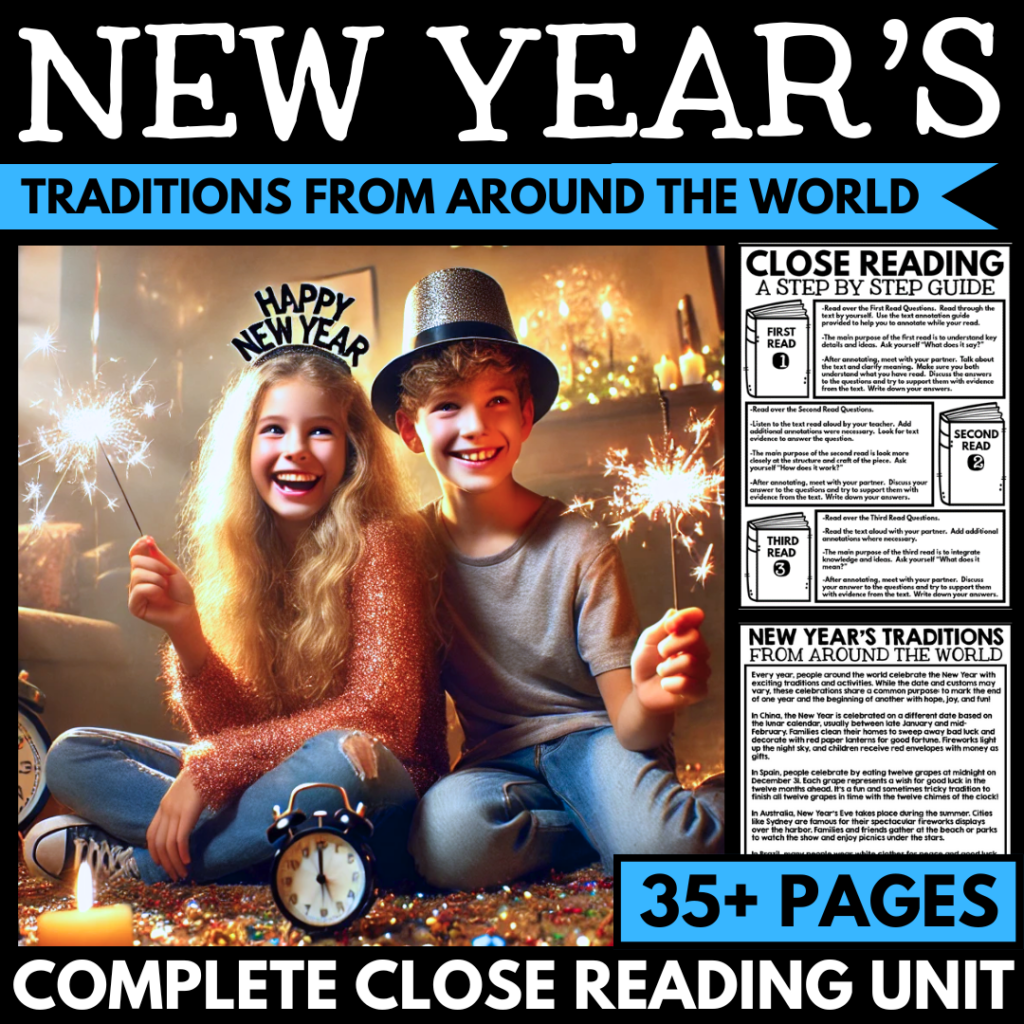 Two children celebrating New Year's with sparklers, one donning a party hat and the other a top hat. Text above discusses New Year's traditions and innovative teaching ideas in a close reading unit spanning over 35 pages.