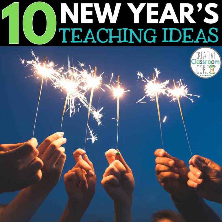 Several hands holding lit sparklers against the evening sky, with text overlay: "10 Inspiring New Year's Teaching Ideas.